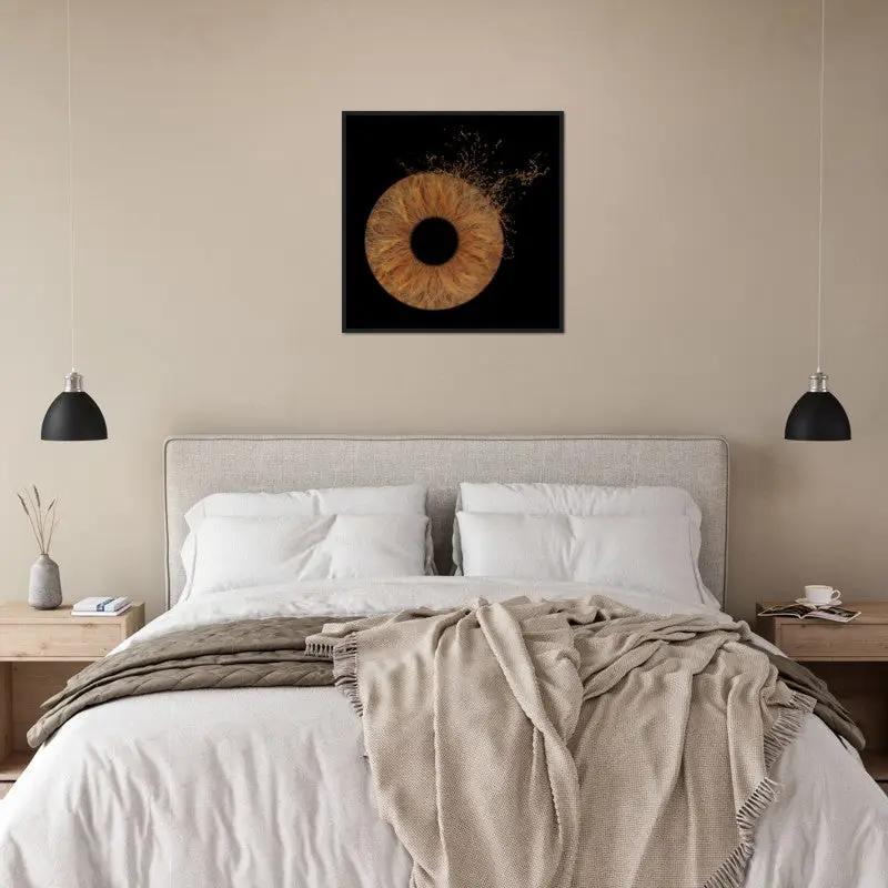 Iris black framed poster above bed in cozy bedroom