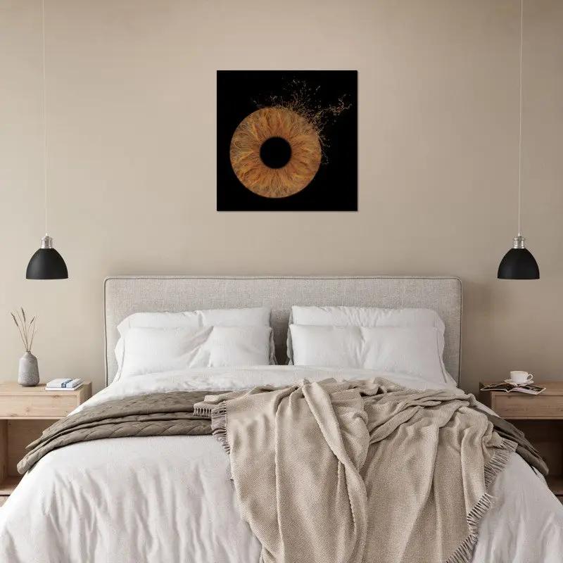 Custom iris poster displayed above bed in modern bedroom