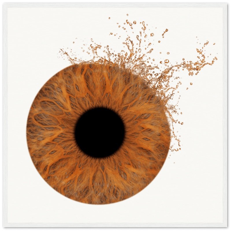 Custom iris framed poster with splash effect on black background.