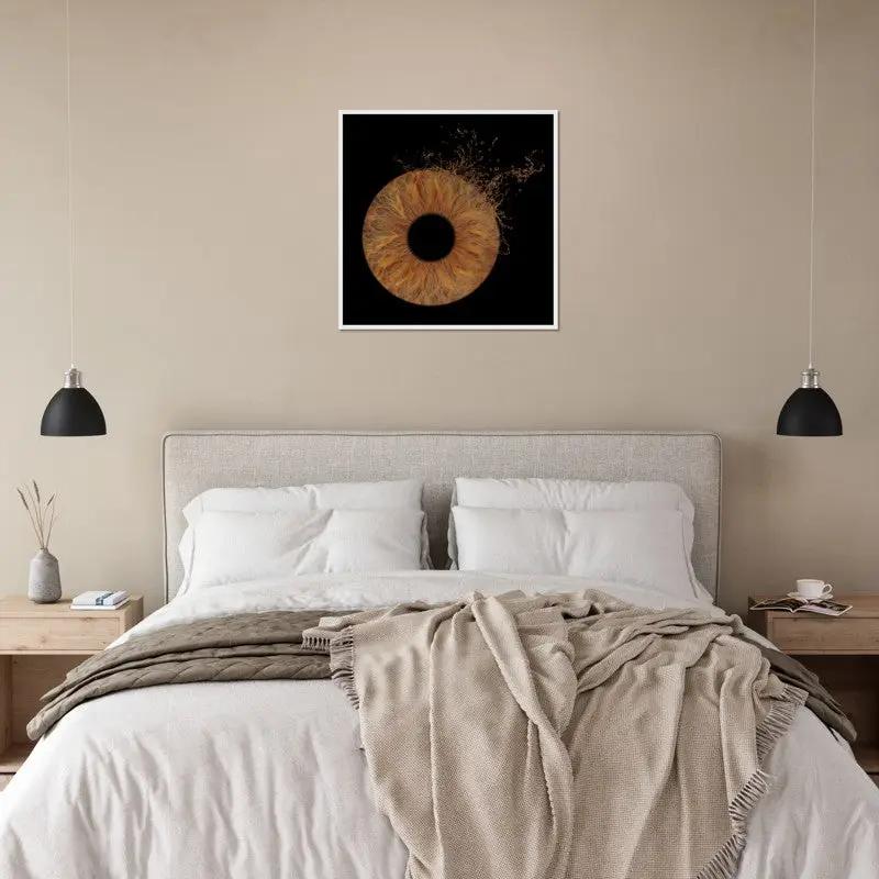 Iris framed poster in elegant bedroom setting.