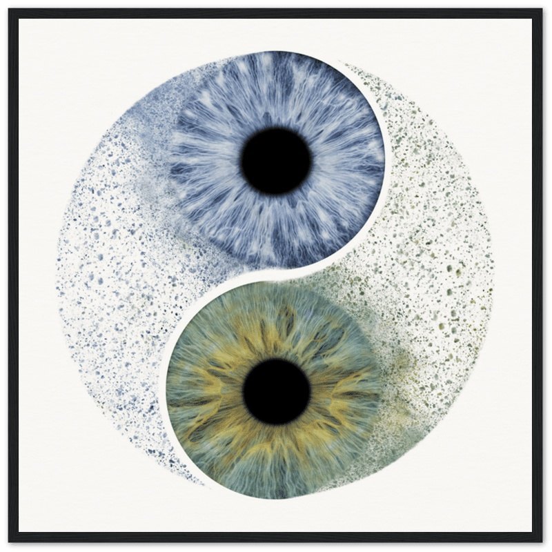 Black framed duo iris print in yin-yang style on white background