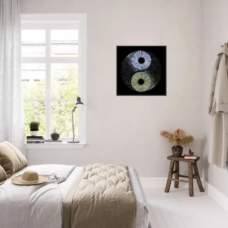 Elegant bedroom with black framed duo iris print on wall