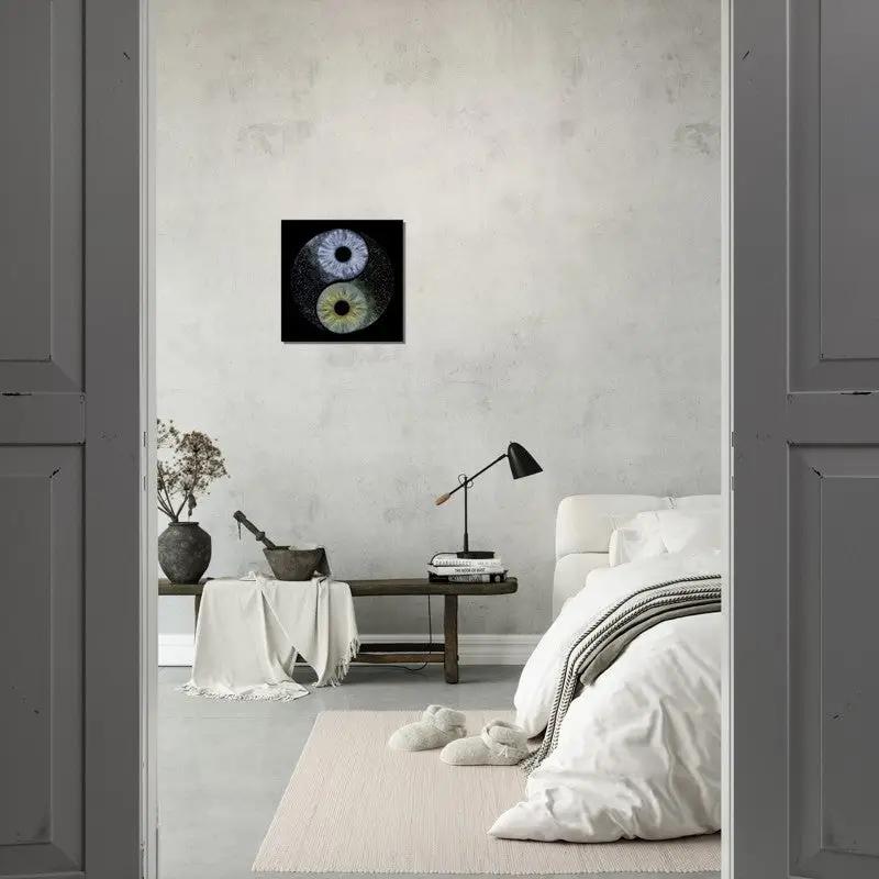 Ethereal iris canvas art in a stylish, minimalist bedroom