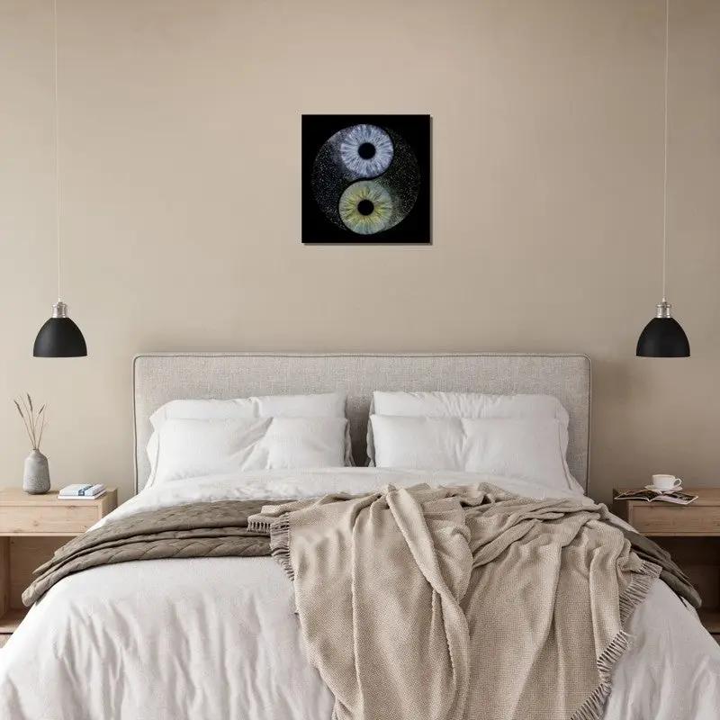 Ethereal iris canvas art in a cozy, neutral-toned bedroom