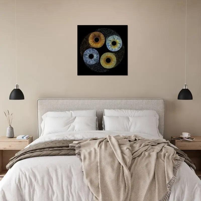 Ethereal Iris Poster displayed above a bed