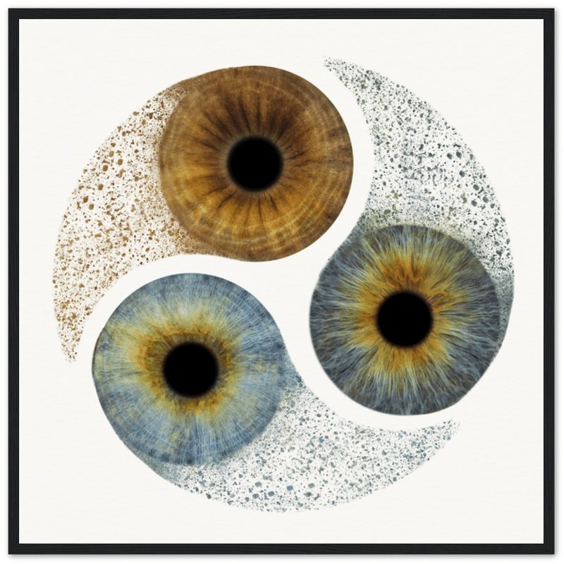 Custom black framed trio iris art on dark background