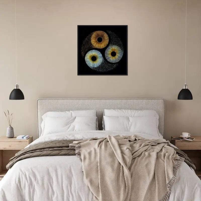 Trio iris black framed art above bed in modern bedroom