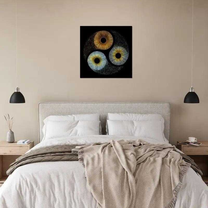 Trio Iris Poster on wall above bed in cozy bedroom