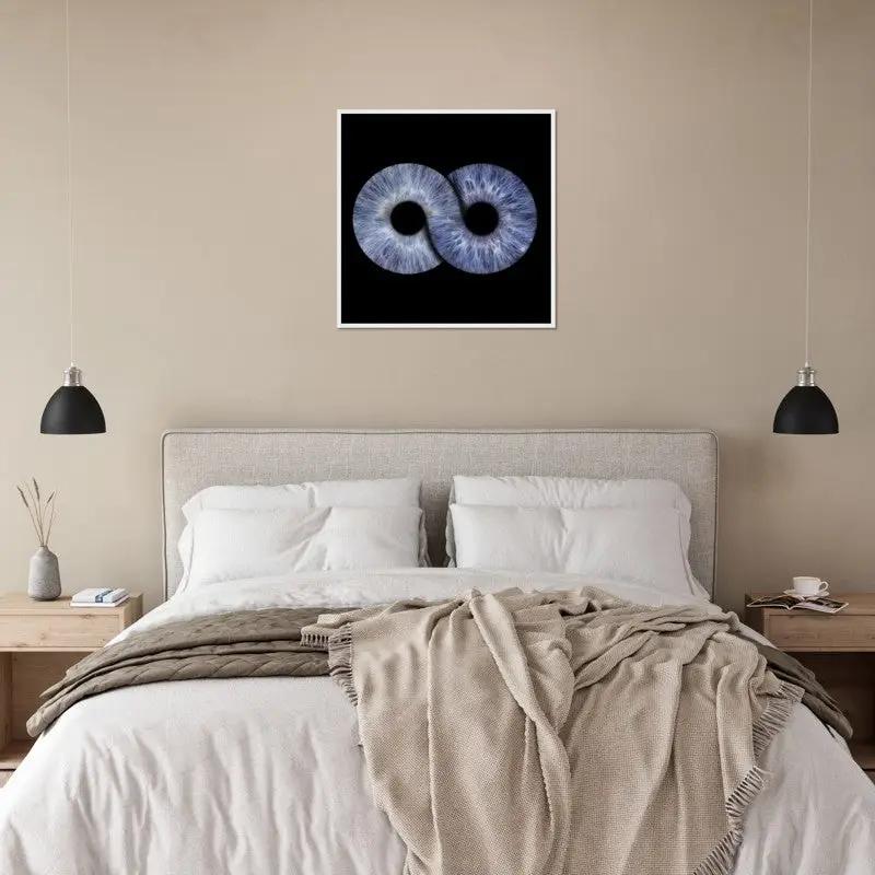 Framed duo iris art above bed in modern bedroom