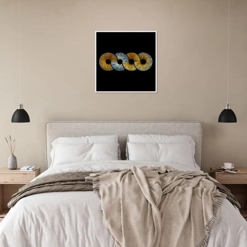 Iris framed poster above bed in cozy bedroom