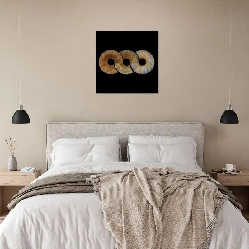 Custom Trio Iris Poster above bed in modern bedroom