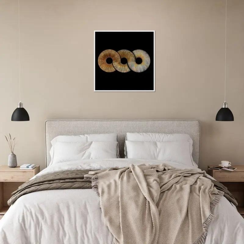 Trio iris poster in bedroom with neutral decor