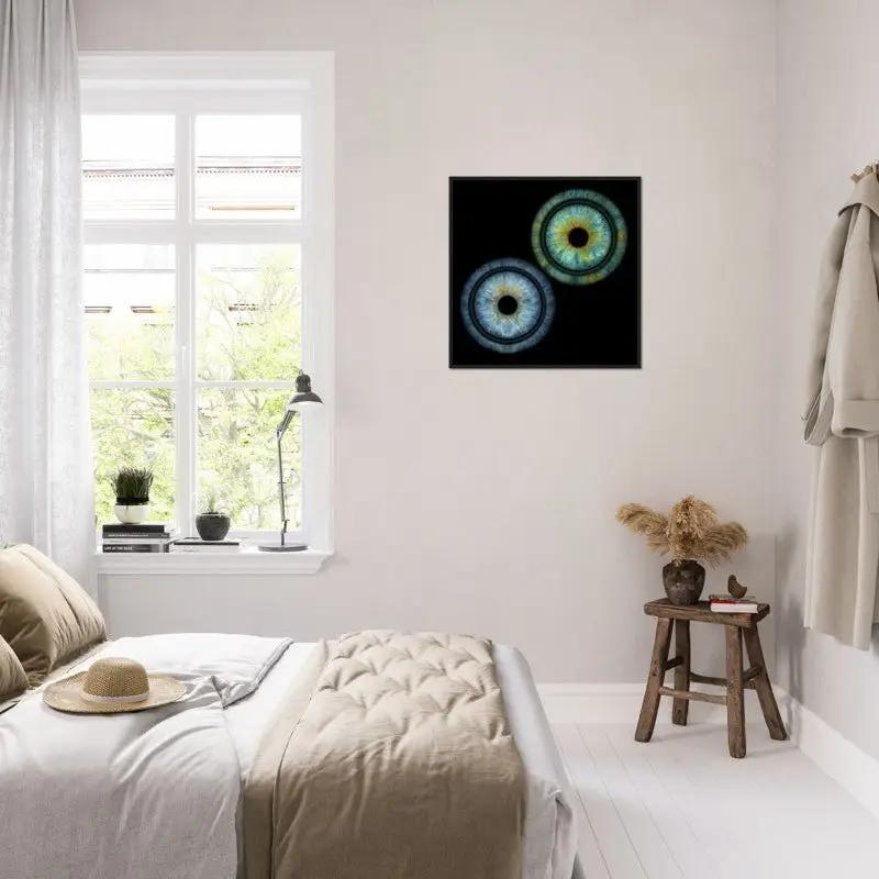 Iris framed poster in bright bedroom with window