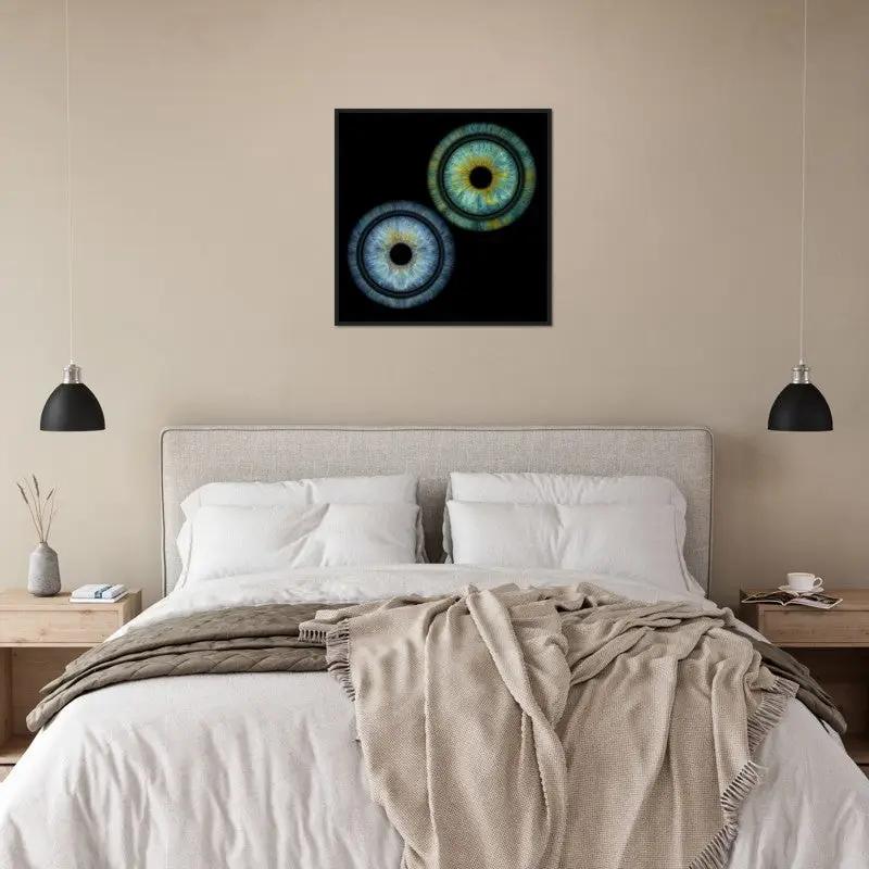 Iris framed poster above bed in modern bedroom