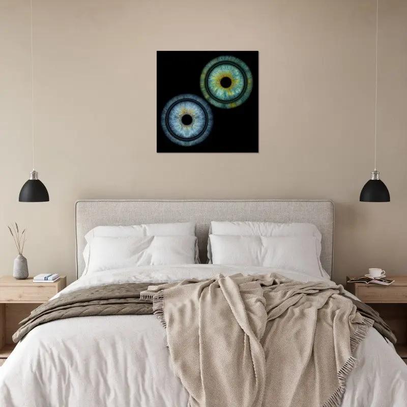Duo iris poster above bed in modern bedroom