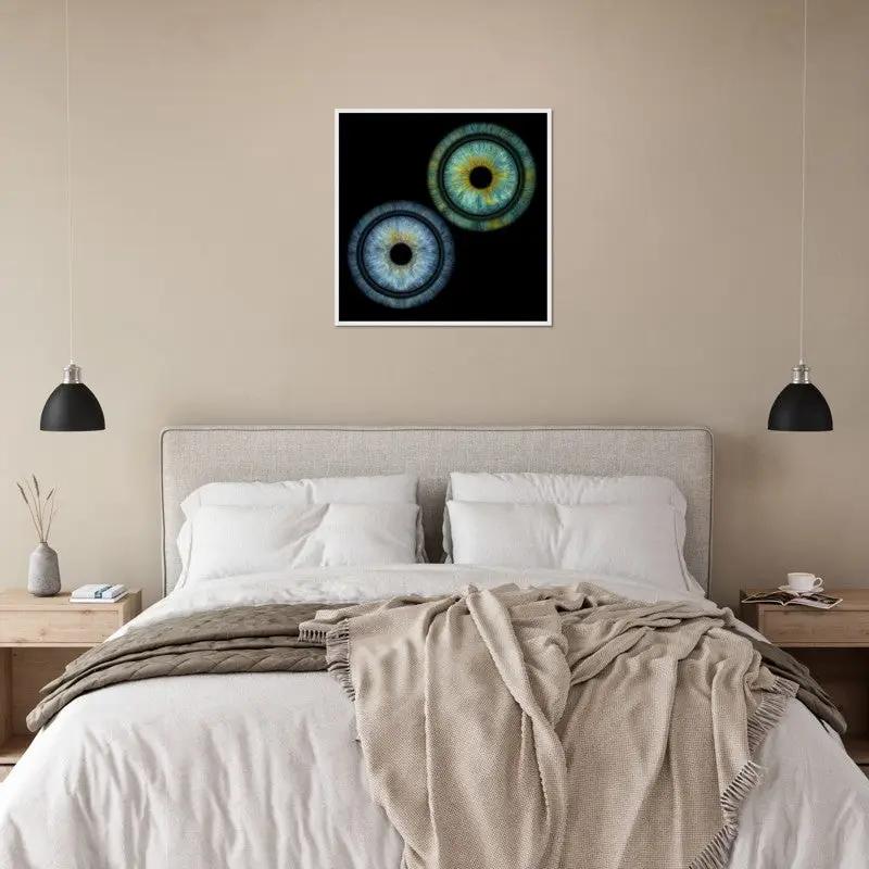 Custom Duo Iris Poster displayed above bed in cozy bedroom