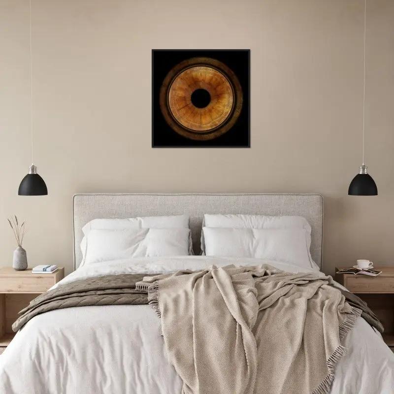 Iris black framed poster above bed in modern bedroom