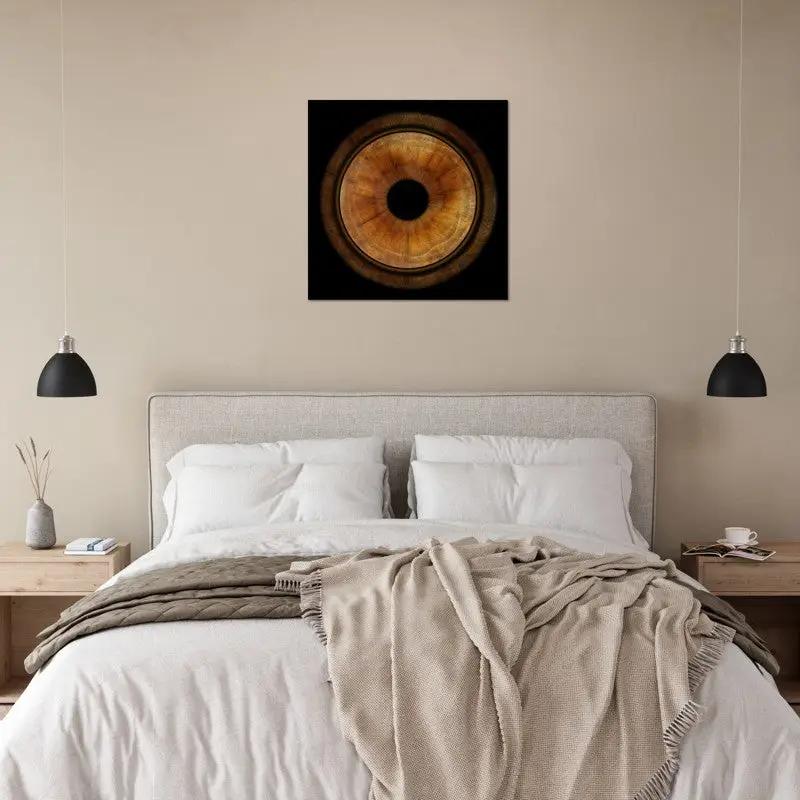 Iris poster displayed above bed in modern bedroom