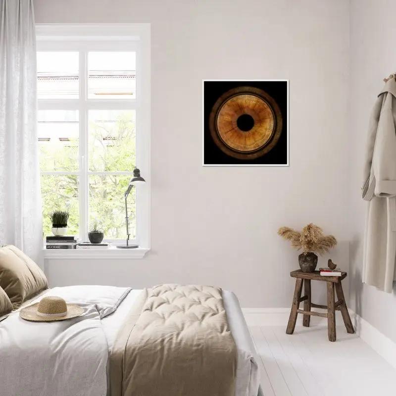 Iris poster in bright bedroom, minimalist style