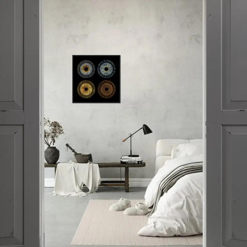 Stylish bedroom with iris black framed poster on wall.