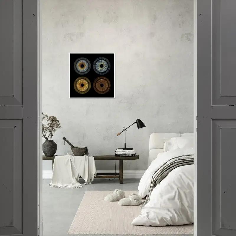 Iris framed poster in a modern bedroom with minimalist design