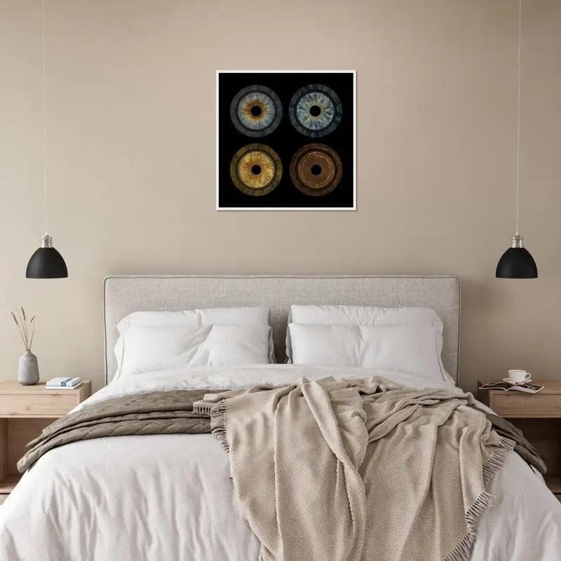 Iris framed poster above bed in cozy, neutral-toned bedroom