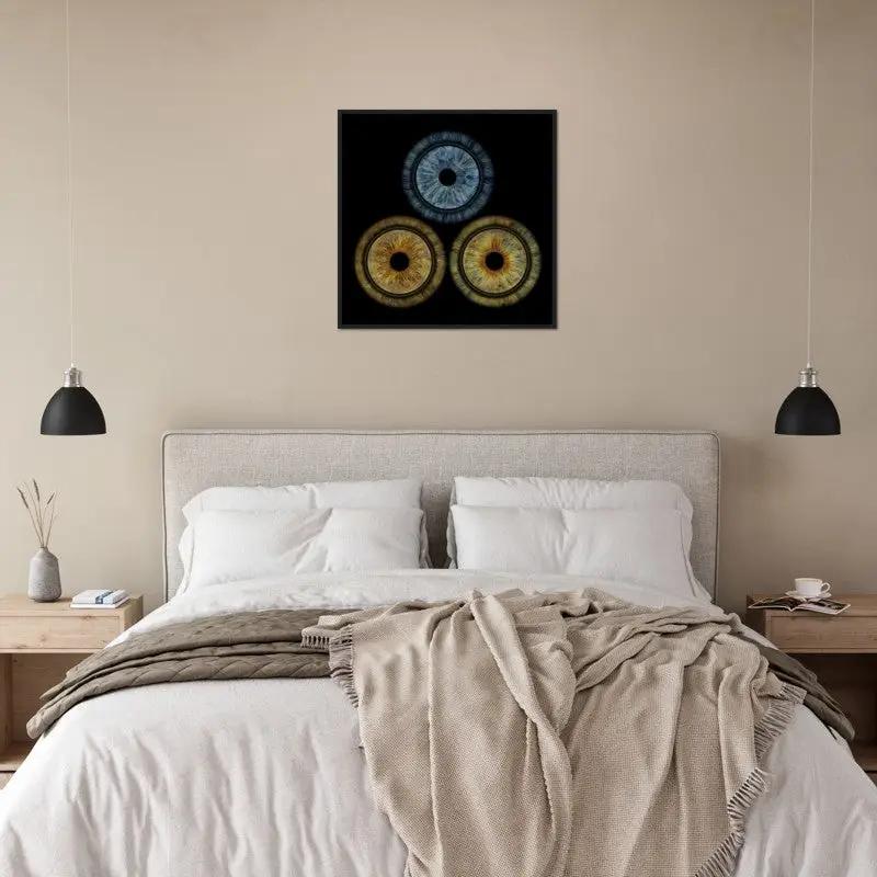 Iris trio poster above bed in modern bedroom