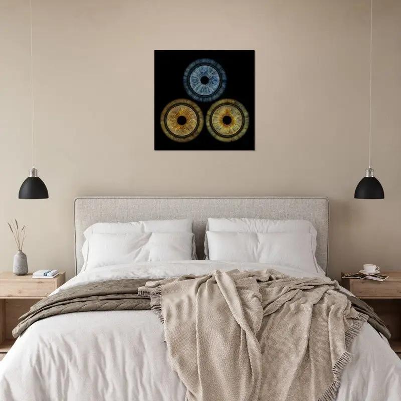 Trio Iris Poster above bed in cozy bedroom