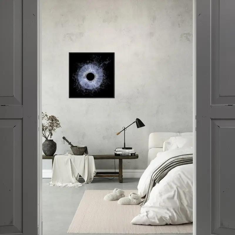 Iris black framed poster in minimalist bedroom