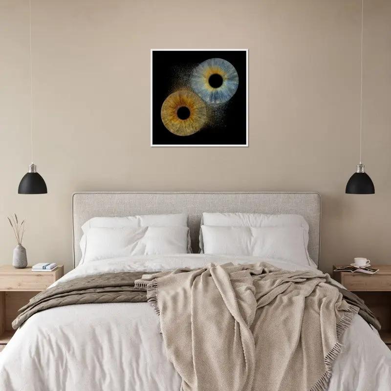 Iris framed poster above bed in modern bedroom decor