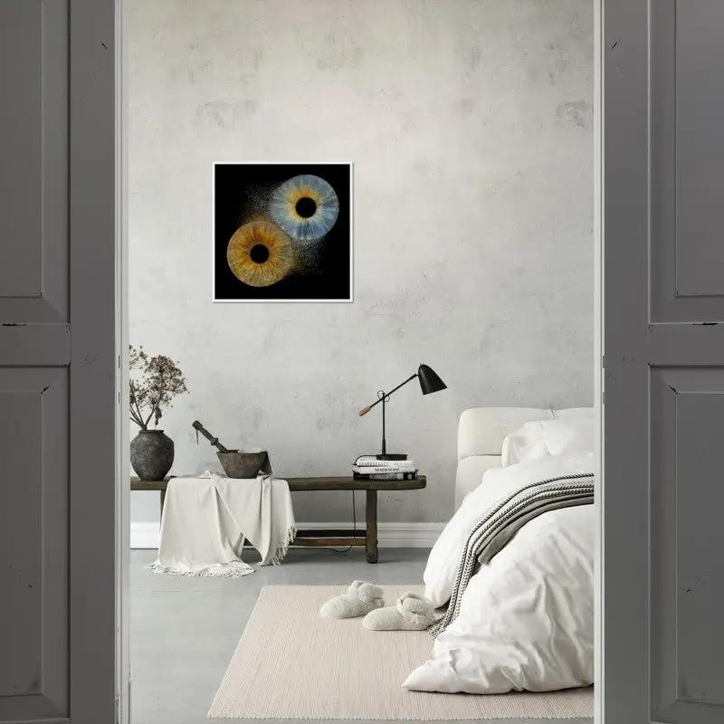 Iris framed poster in minimalist bedroom with neutral tones