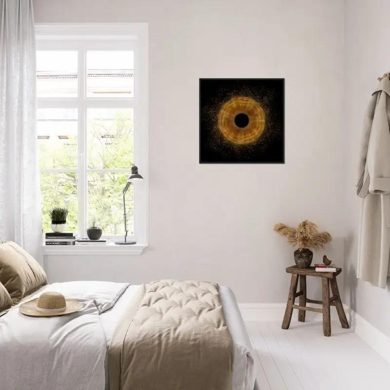 Iris framed poster on wall in modern bedroom decor