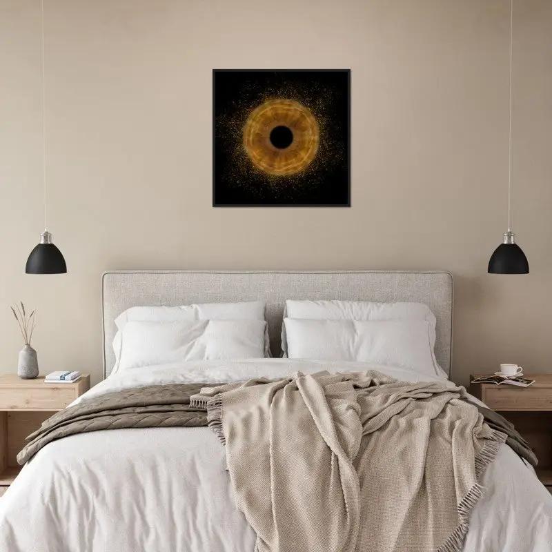Stylish iris framed print above bed in cozy bedroom