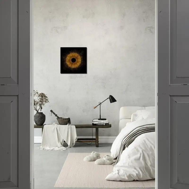 Elegant iris canvas art in a minimalist bedroom setting