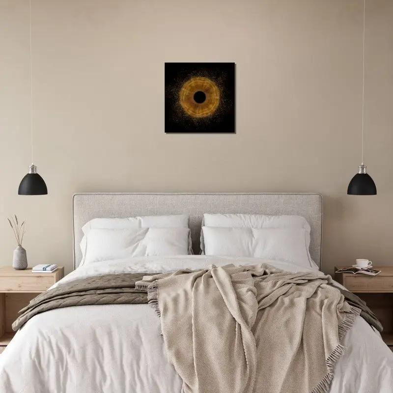 Stylish iris canvas art enhancing a cozy bedroom decor