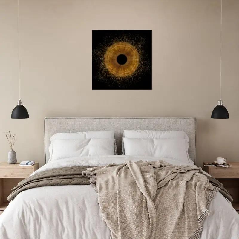 Golden iris poster above bed in modern bedroom