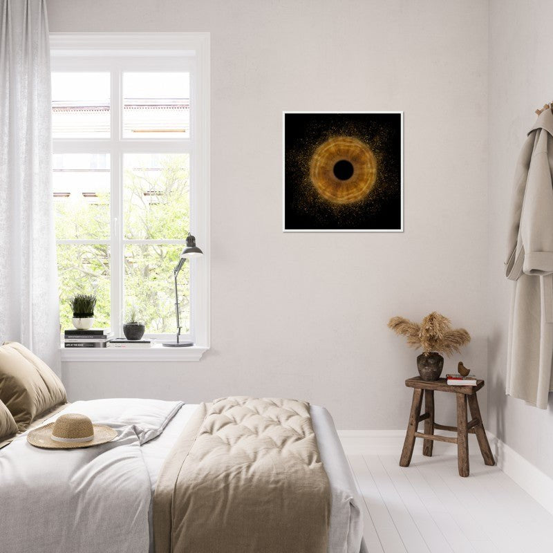 Iris poster in white frame on wall of bright bedroom