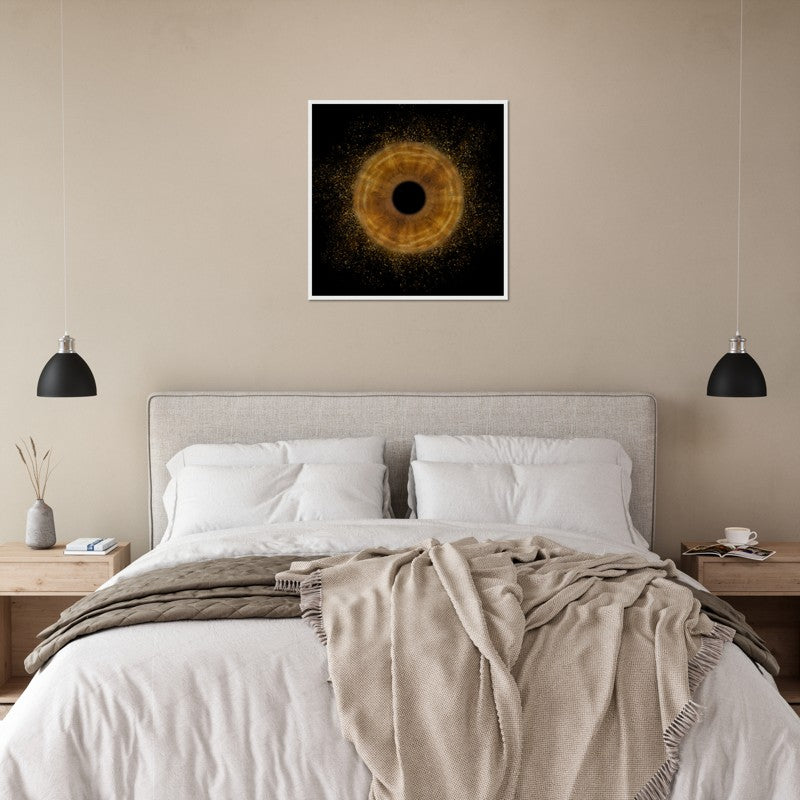 Iris poster in white frame above bed in cozy bedroom