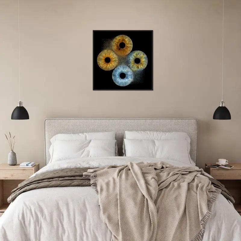 Iris framed poster above bed in modern bedroom