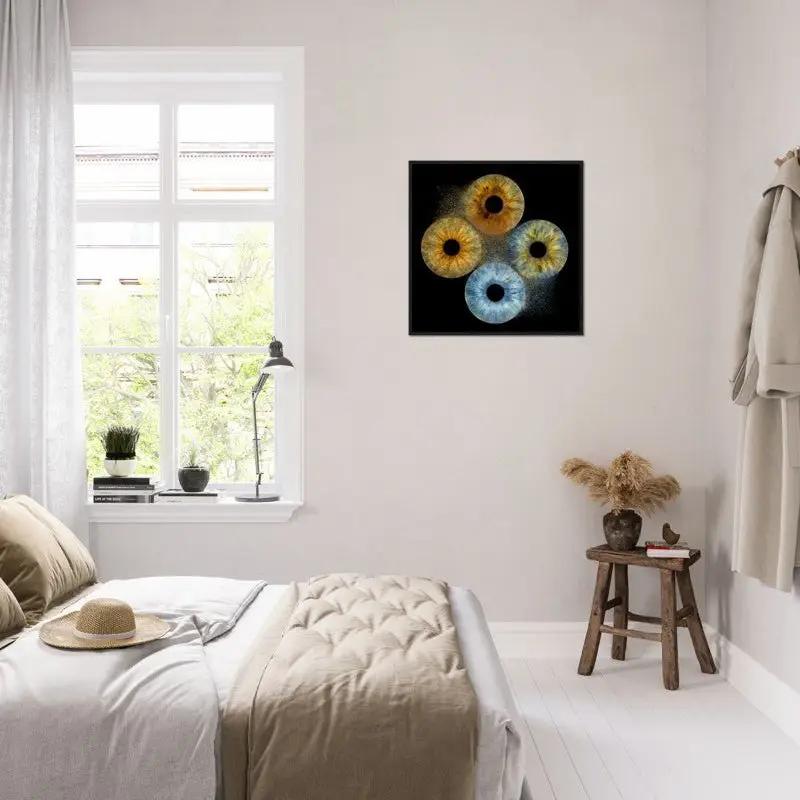 Iris framed poster in bright bedroom with window