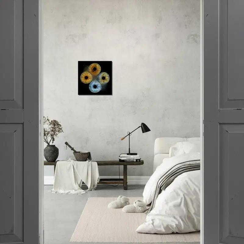 Stylish iris canvas in minimalist bedroom setting