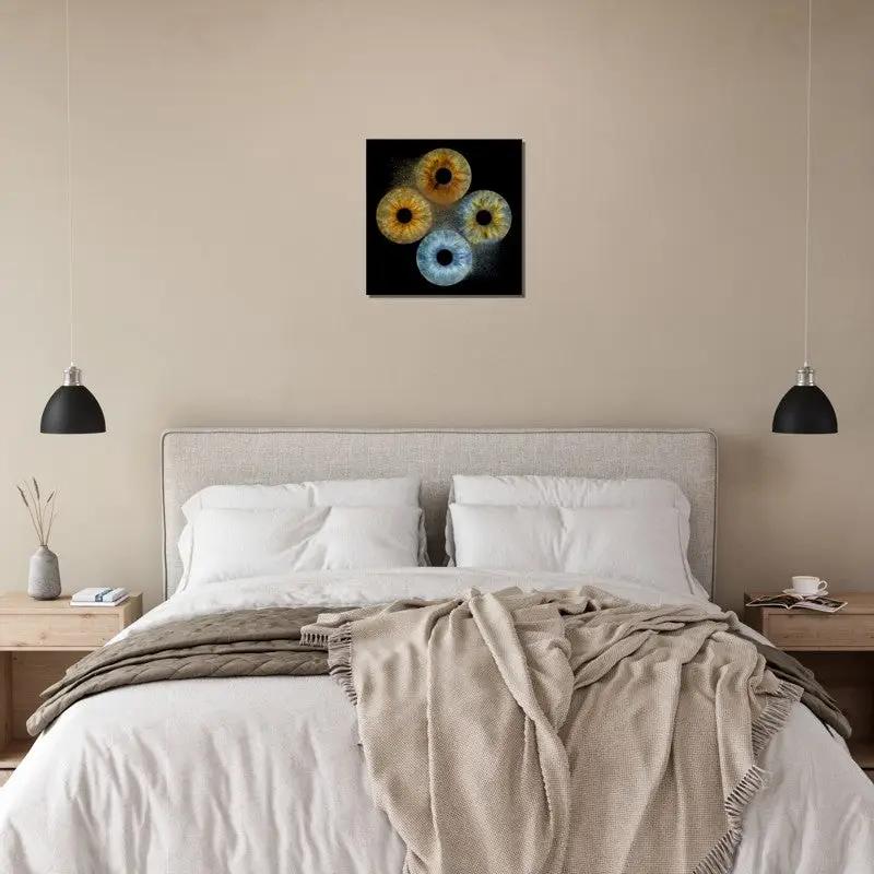 Elegant iris canvas art above bed in cozy room
