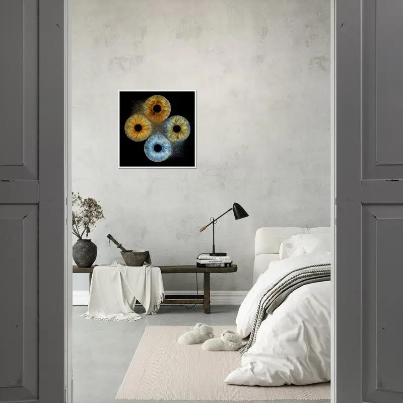 Stylish bedroom with framed iris poster on the wall