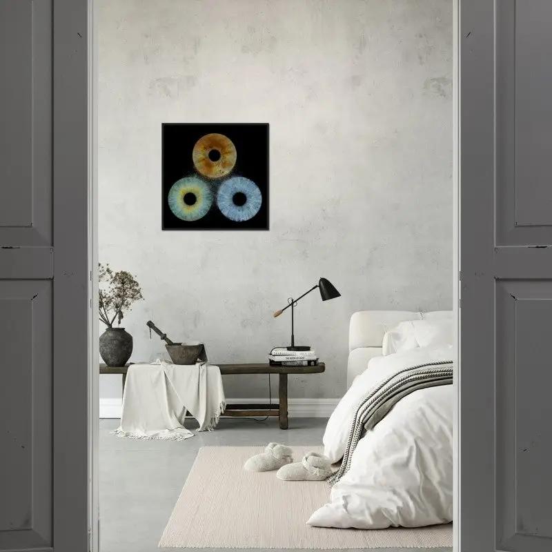 Trio iris poster framed in black in minimalist bedroom decor