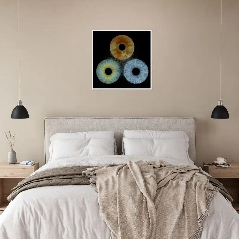Iris trio poster in bedroom above bed