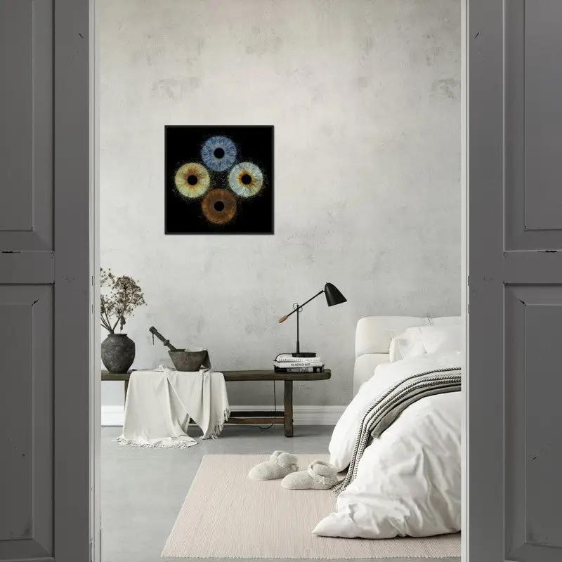 Quartet iris poster in minimalist bedroom decor