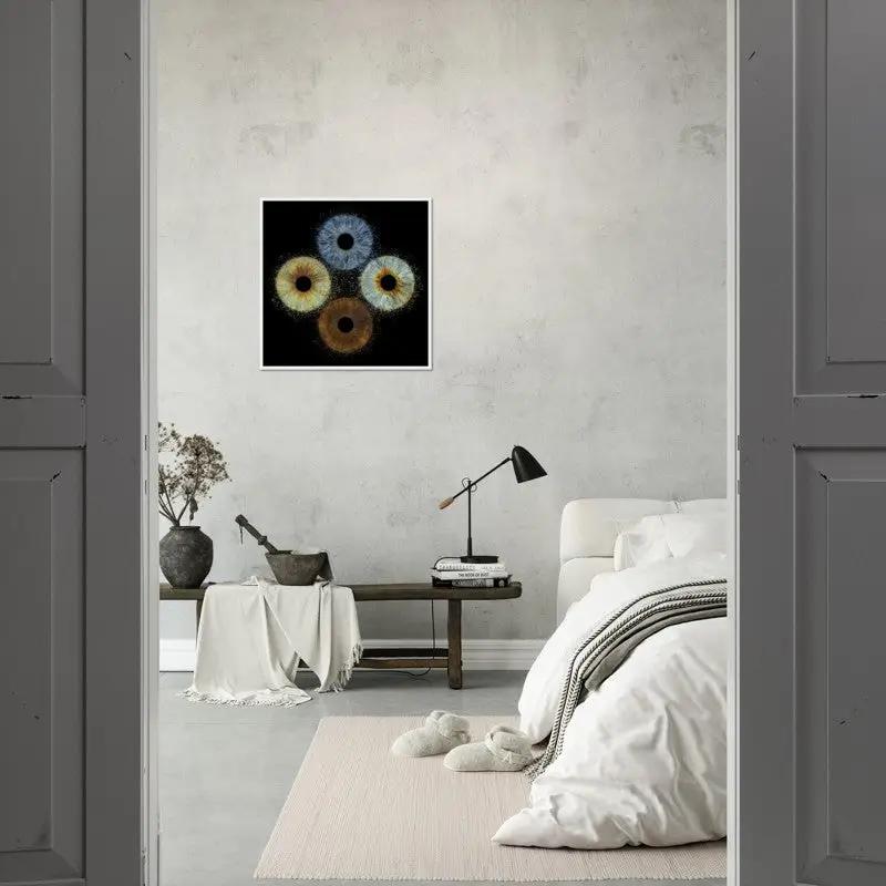 Iris quartet poster in minimalist bedroom setting