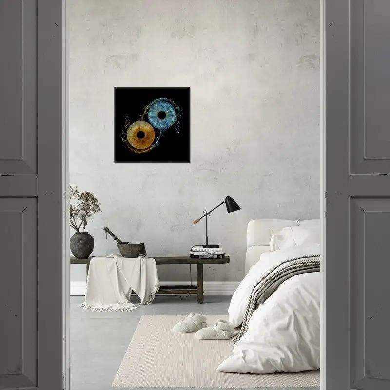 Elegant bedroom decor featuring duo iris black framed poster.