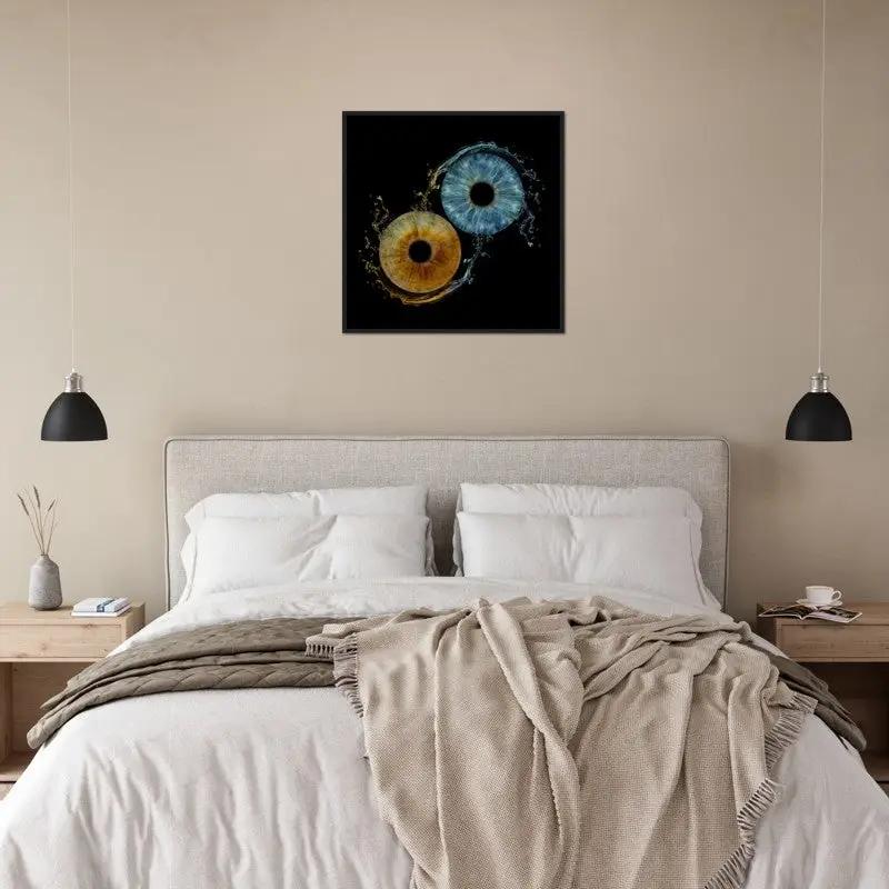 Framed duo iris poster above bed in modern bedroom.