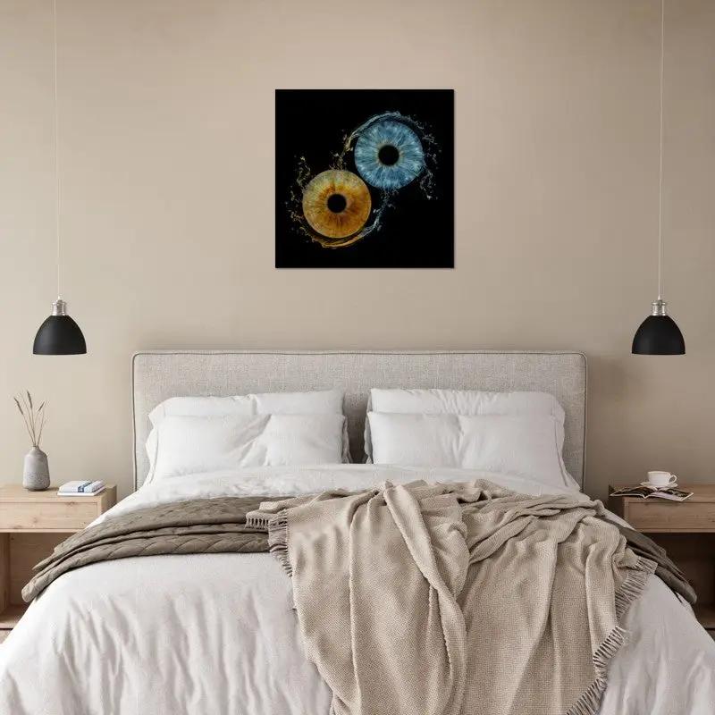 Custom Duo Iris Poster above bed in modern bedroom